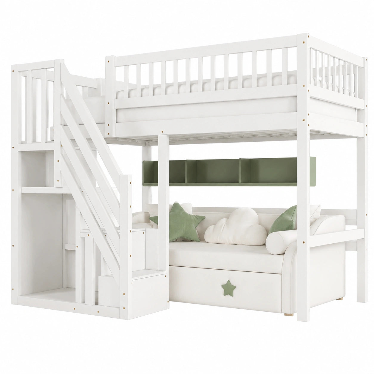Lit gain de place, 1 place, avec rangement, en bois massif, coloris blanc, 90 x 200 cm, pour la chambre