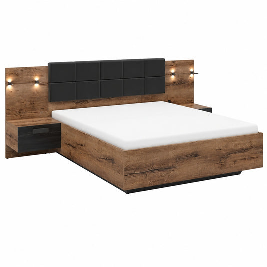 Lit coffre, en chêne, avec rangement, avec éclairage LED, avec sommier, coloris noir et marron, 160 x 200 cm, pour la chambre