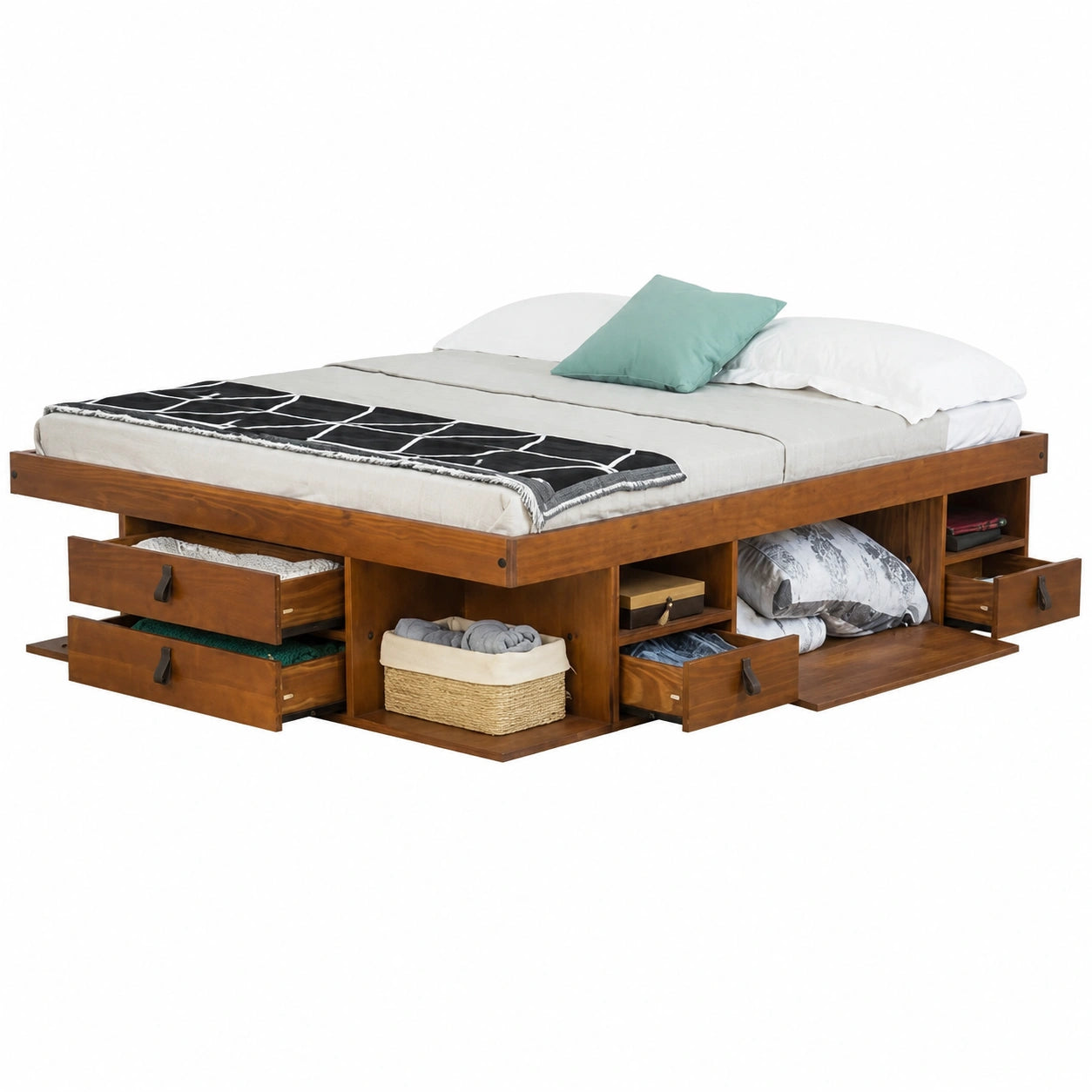 Lit, avec rangement, avec sommier, en bois massif, 140 x 190 cm, pour la chambre