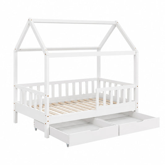 Lit cabane, avec tiroirs, avec sommier, en bois massif, 80 x 160 cm, coloris blanc, pour la chambre d’enfant
