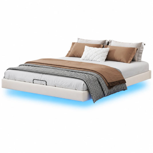 Lit, avec éclairage LED, avec sommier, coloris beige, 160 x 200 cm, pour la chambre