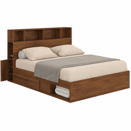 Lit, avec rangement, avec sommier, en noyer, 140 x 190 cm, pour la chambre