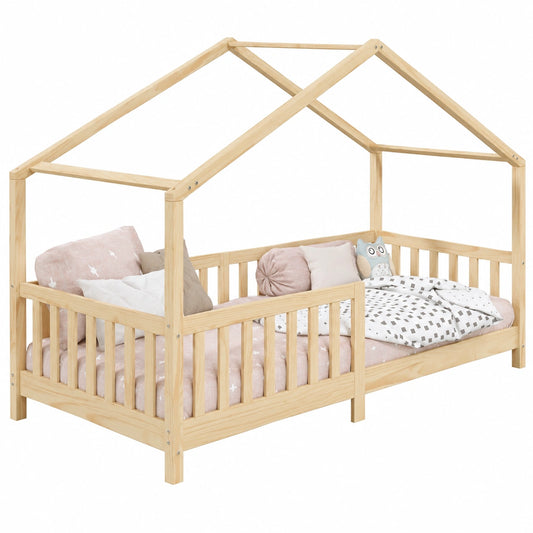 Lit cabane, avec barrière, en bois massif, coloris naturel, 90 x 190 cm, pour la chambre d’enfant
