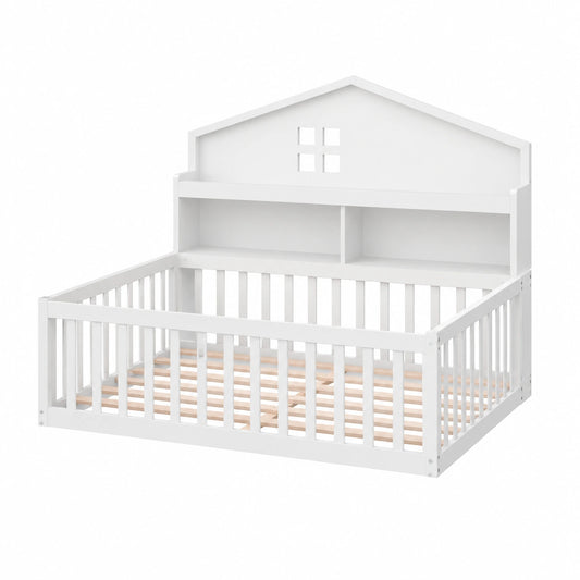 Lit cabane, avec rangement, avec sommier, en bois massif, 140 x 200 cm, coloris blanc, pour la chambre d’enfant