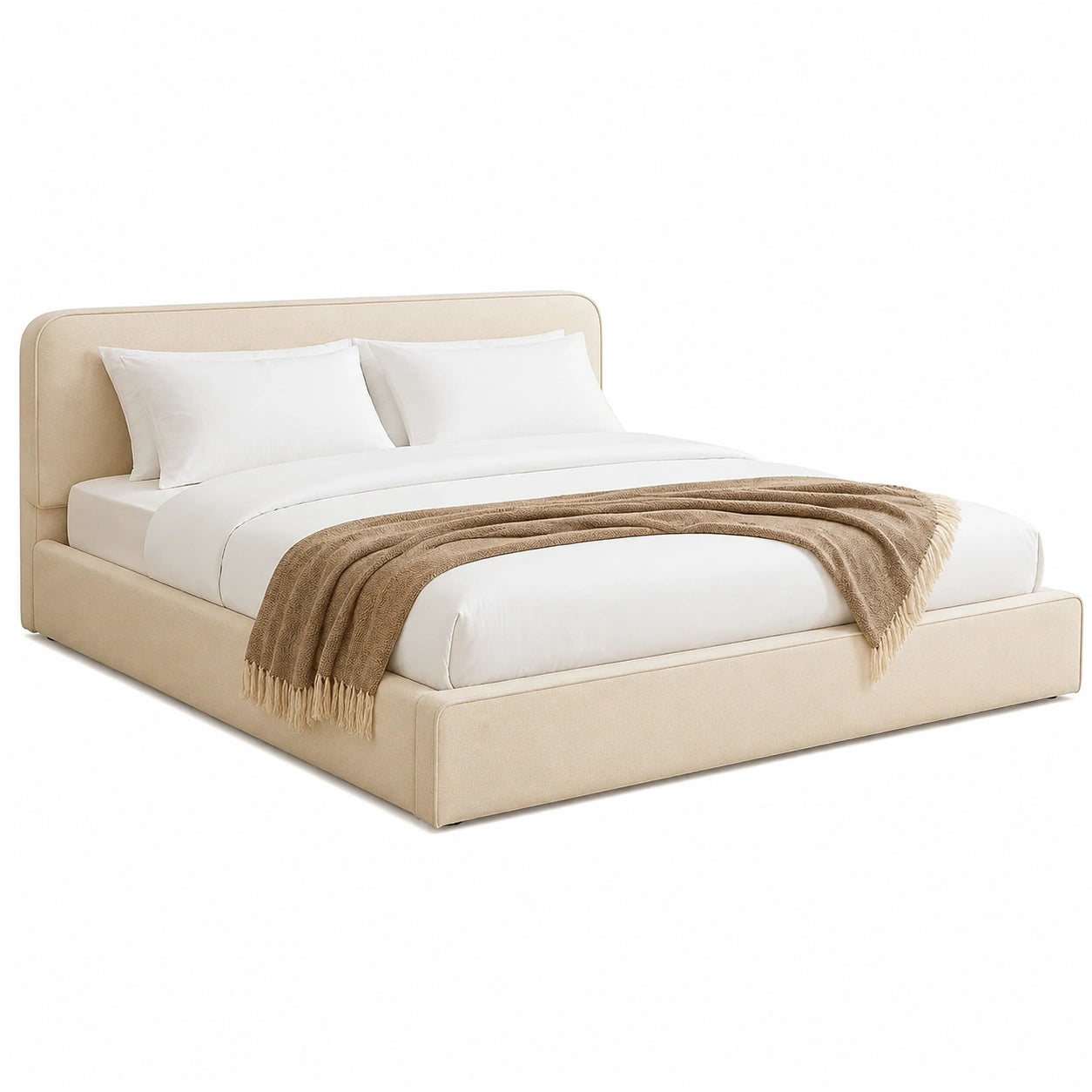 Lit, 2 places, réglable, avec sommier, rembourré, en tissu, coloris beige, pour la chambre