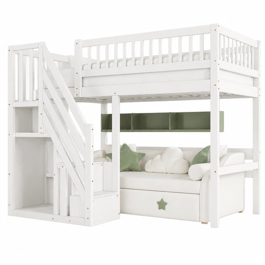Lit gain de place, 1 place, avec rangement, en bois massif, coloris blanc, 90 x 200 cm, pour la chambre