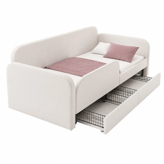 Canapé convertible, avec rangement, avec tiroirs, avec sommier, en velours, 90 x 200 cm, coloris blanc, pour le salon ou la chambre d’amis